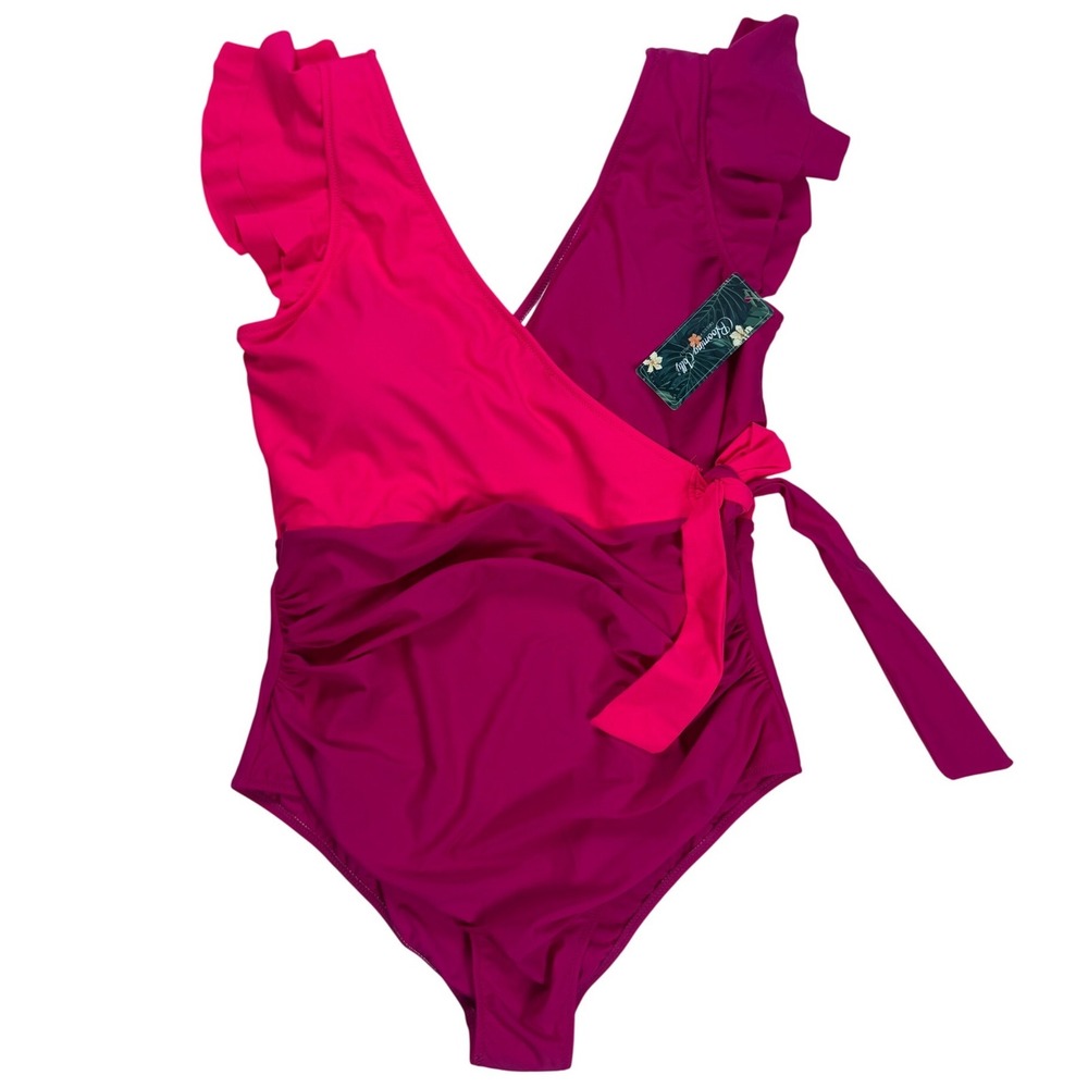 Blooming Jelly Womens One Piece Swimsuit XL Pink Magenta Ruffle Wrap V-Neck New